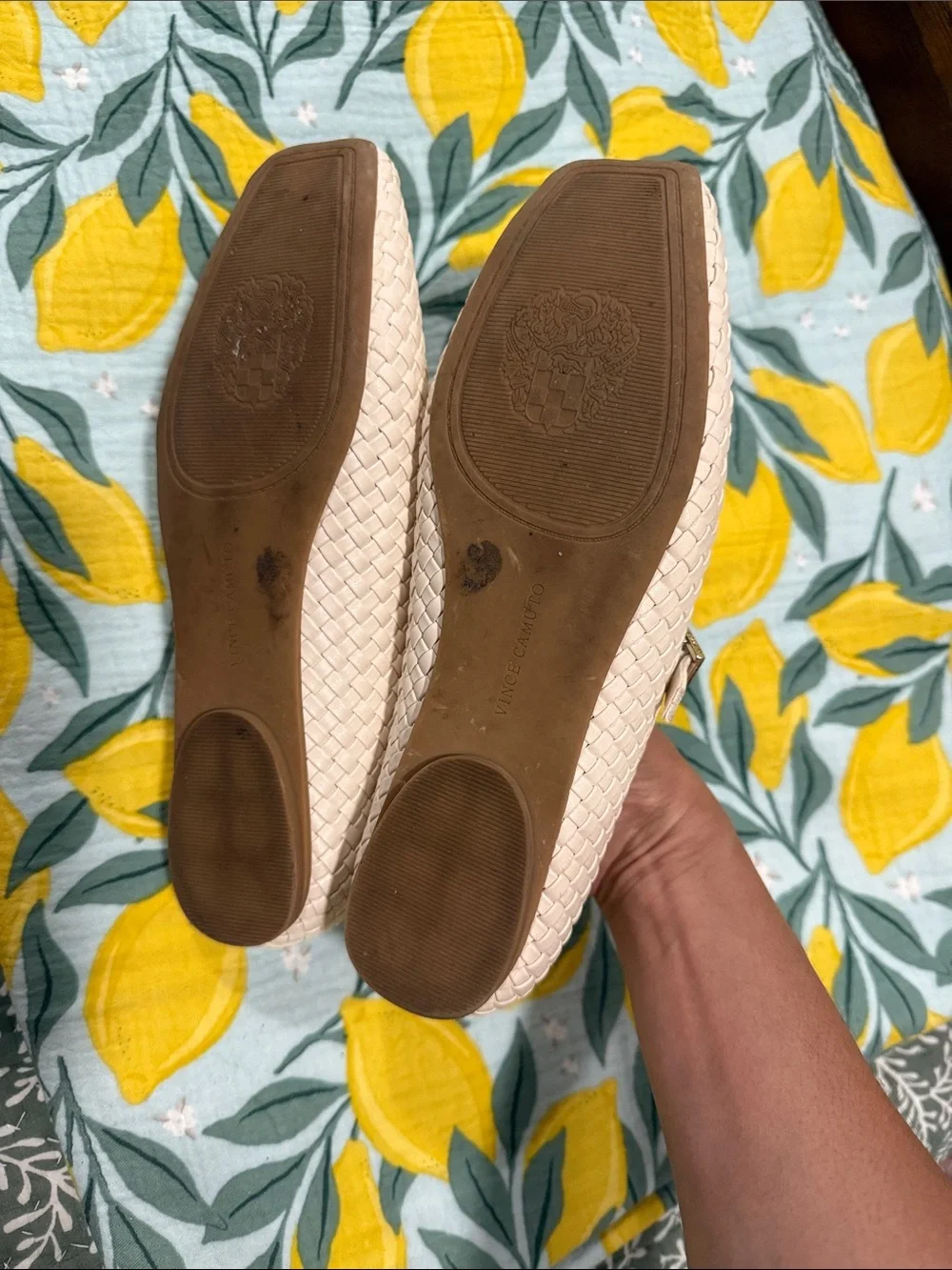 Vince Camuto Cream Woven Mary Jane Flats with Buckle Strap
